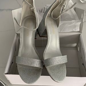 Silver glitter ankle strap chunky heel sandals dressy